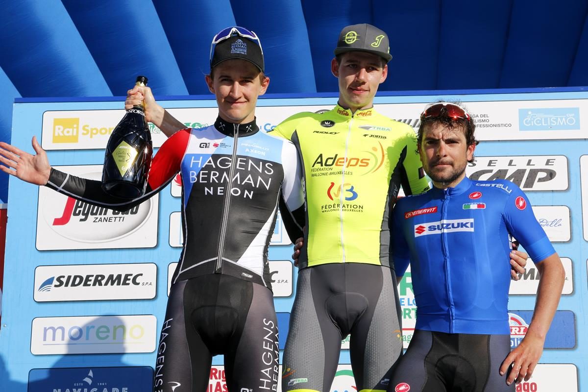 Il podio della quarta tappa della Settimana Coppi e Bartali 2019 (foto Photobicicailotto)