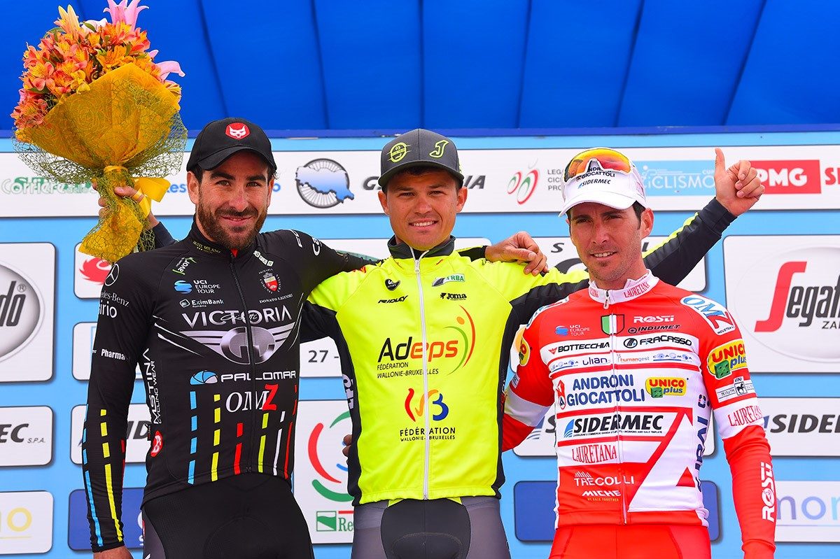 Il podio della prima semitappa di apertura della Settimana Coppi e Bartali 2019 (foto Bettini)