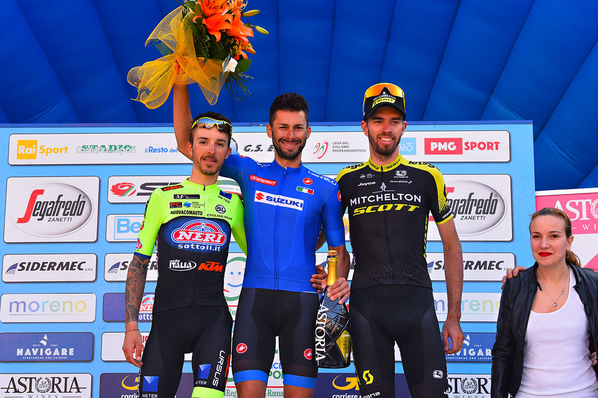 Il podio della quinta tappa della Settimana Coppi e Bartali 2019 (foto Dario Belingheri/BettiniPhoto)