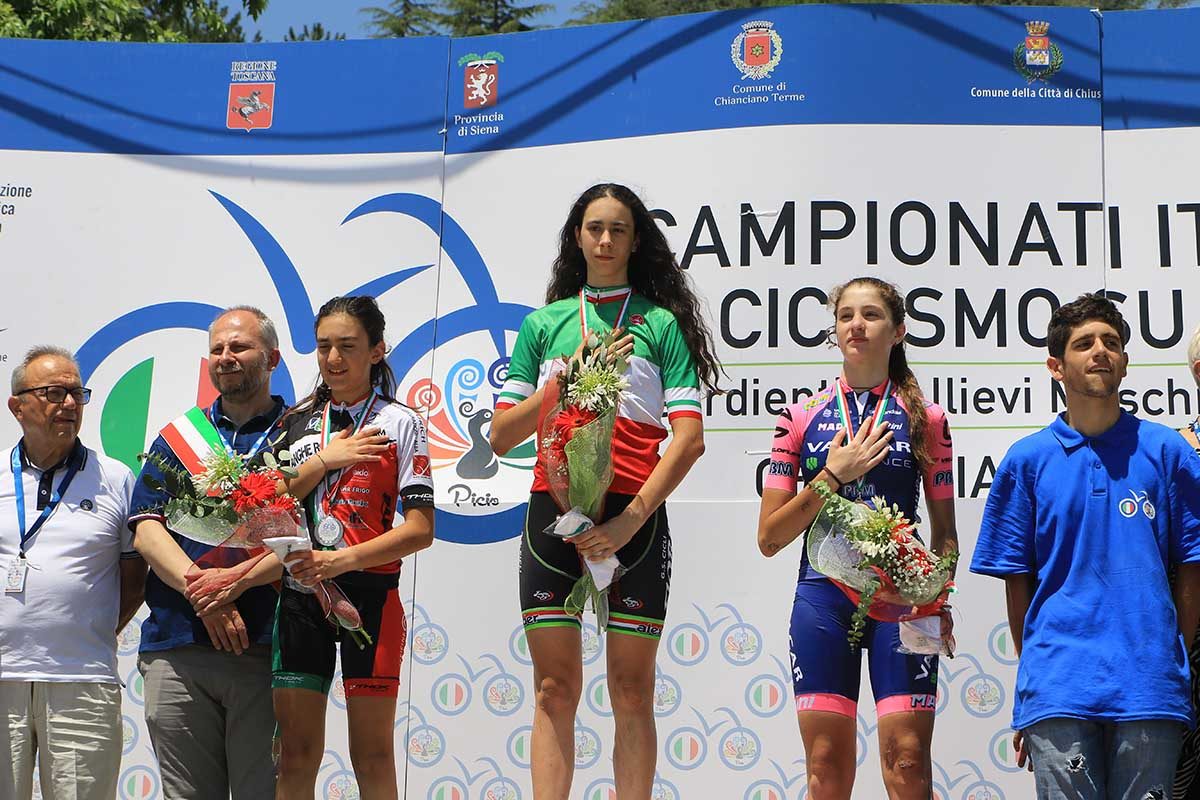 Il podio del Campionato Italiano Donne Esordienti 2° anno vinto a Chianciano Terme da Federica Venturelli (foto Fabiano Ghilardi)