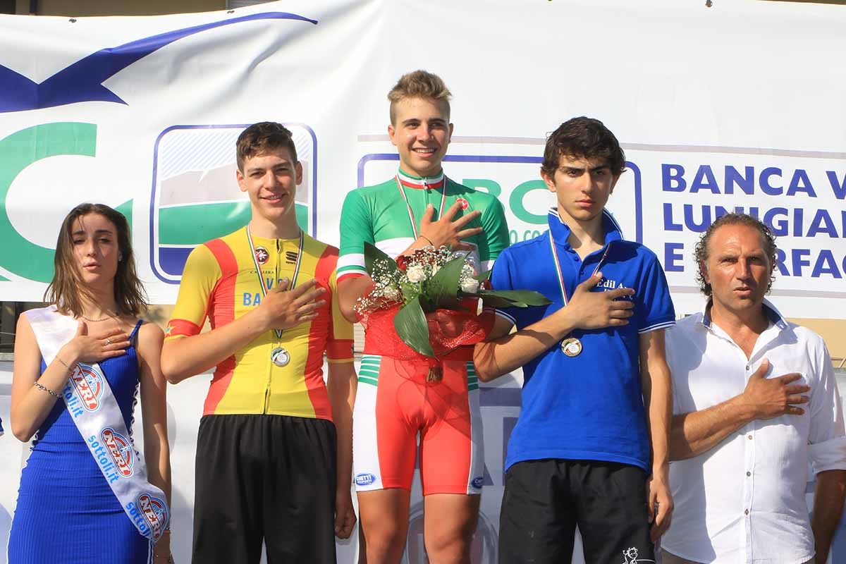 Il podio del Campionato Italiano cronometro Allievi vinto da Andrea Violato (foto Fabiano Ghilardi)