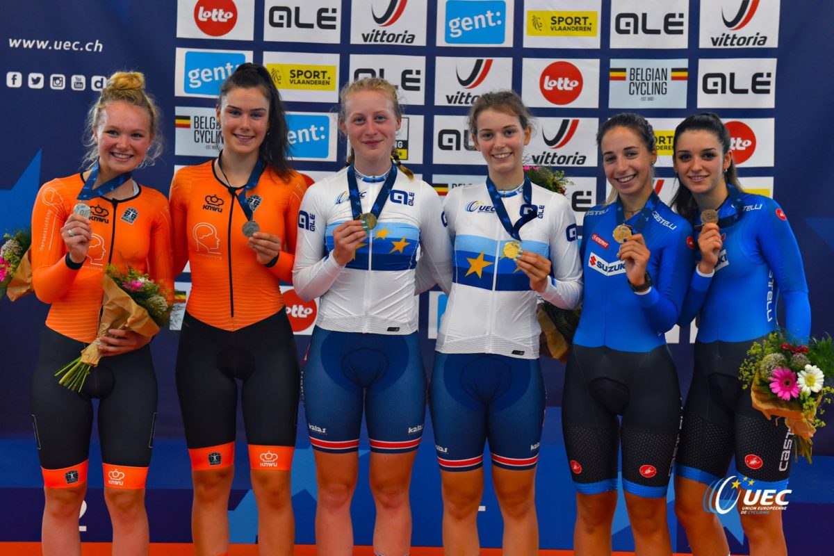 Il podio del Campionato Europeo Madison Donne Junior (foto UEC/BettiniPhoto)