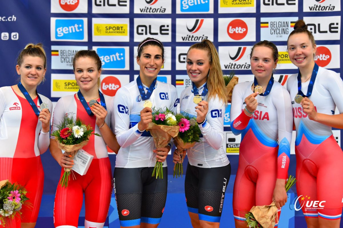 Il podio europeo Madison Donne U23 a Gand (foto UEC/BettiniPhoto)