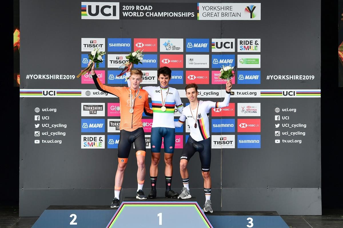 Il podio del Campionato del Mondo Juniores a cronometro 2019 (foto SWpix)