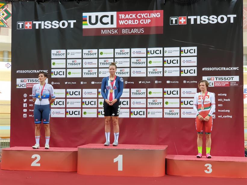 Il podio della Corsa a punti femminile a Minsk