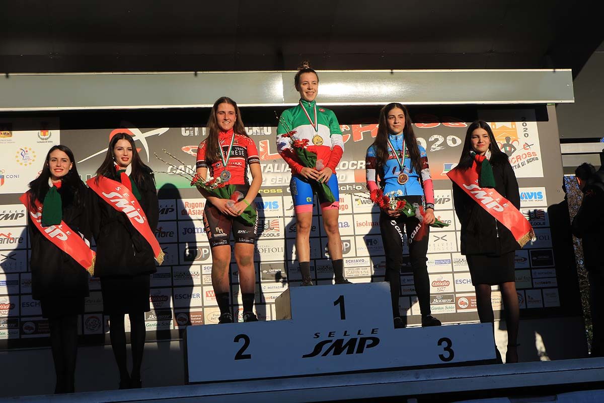 Il podio del Campionato Italiano di Ciclocross Donne Allieve 2° anno vinto da Eleonora Ciabocco (foto Fabiano Ghilardi)