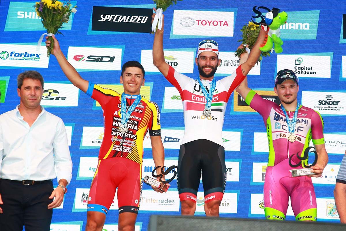 Il podio della seconda tappa della Vuelta a San Juan 2020 (foto Ilario Biondi/BettiniPhoto)