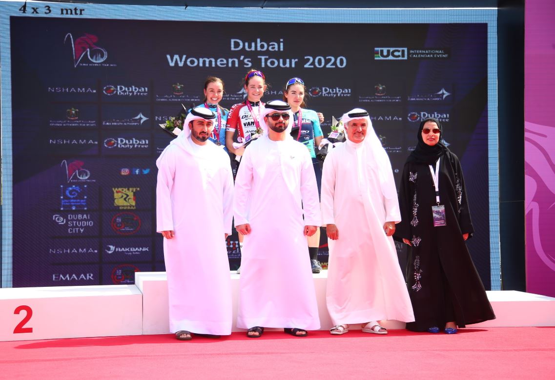 Il podio della quarta tappa del Dubai Women's Tour 2020