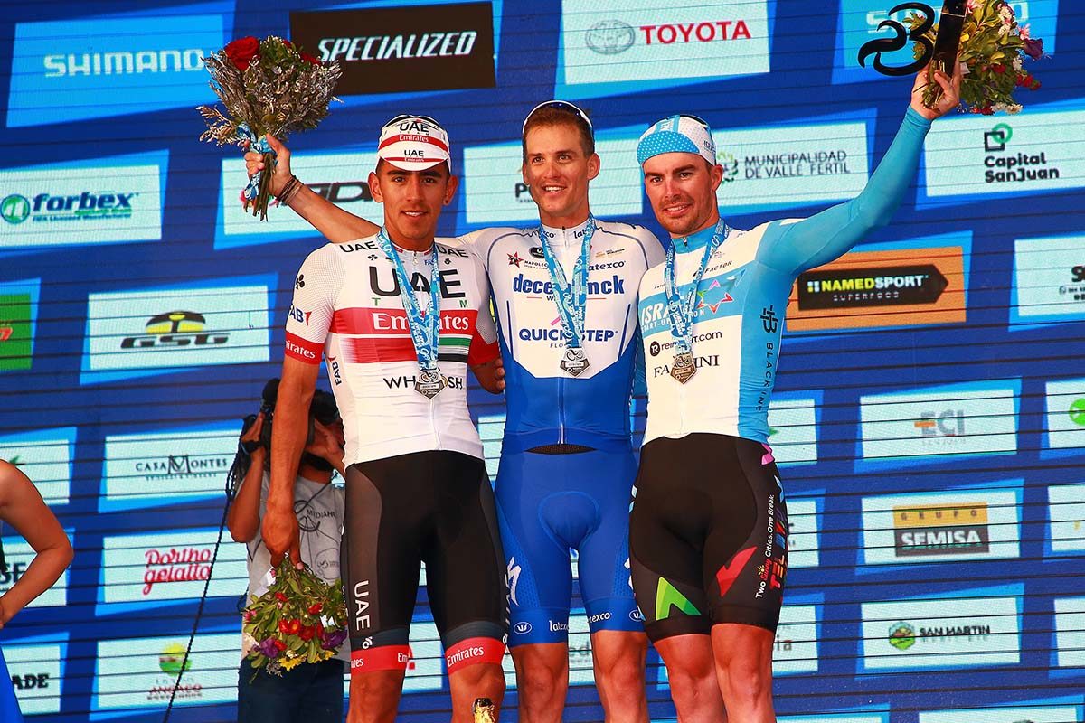 Il podio della sesta tappa della Vuelta a San Juan 2020 (foto Ilario Biondi/BettiniPhoto)