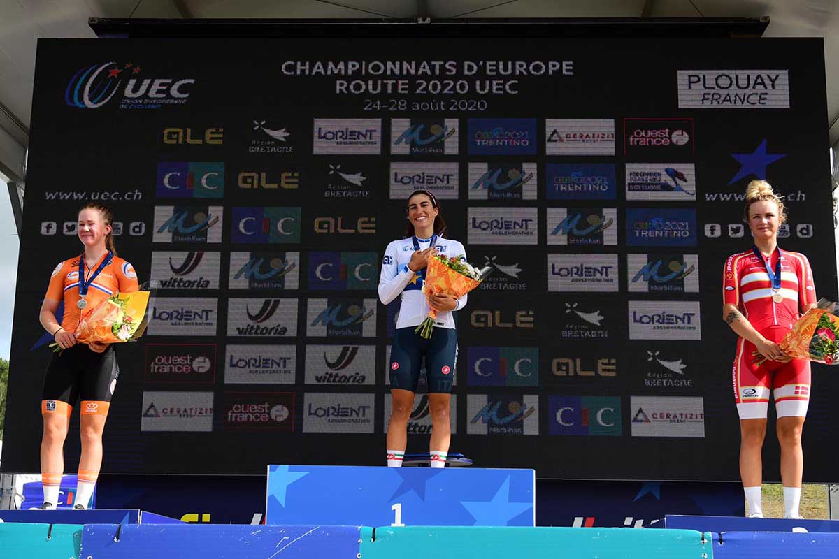 Il podio del Campionato Europeo Donne U23 a Plouay 2020 (foto Twila Muzzi)