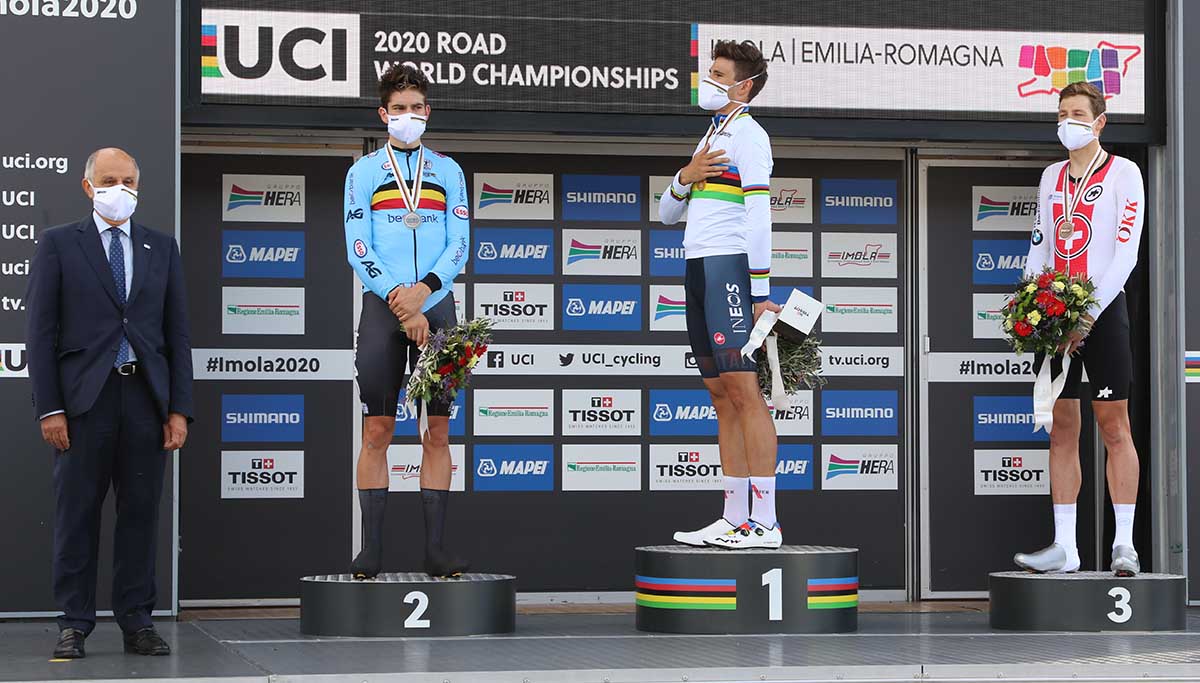 Il podio del Mondiale a cronometro di Imola (foto Photobicicailotto)