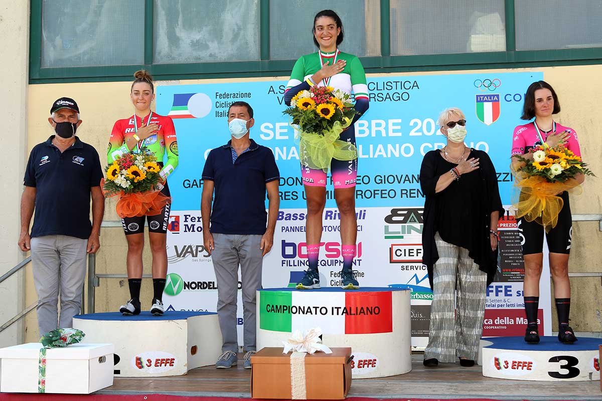 Il podio del Campionato Italiano a cronometro Donne Junior 2020 vinto da Matilde Bertolini (foto Photobicicailotto)