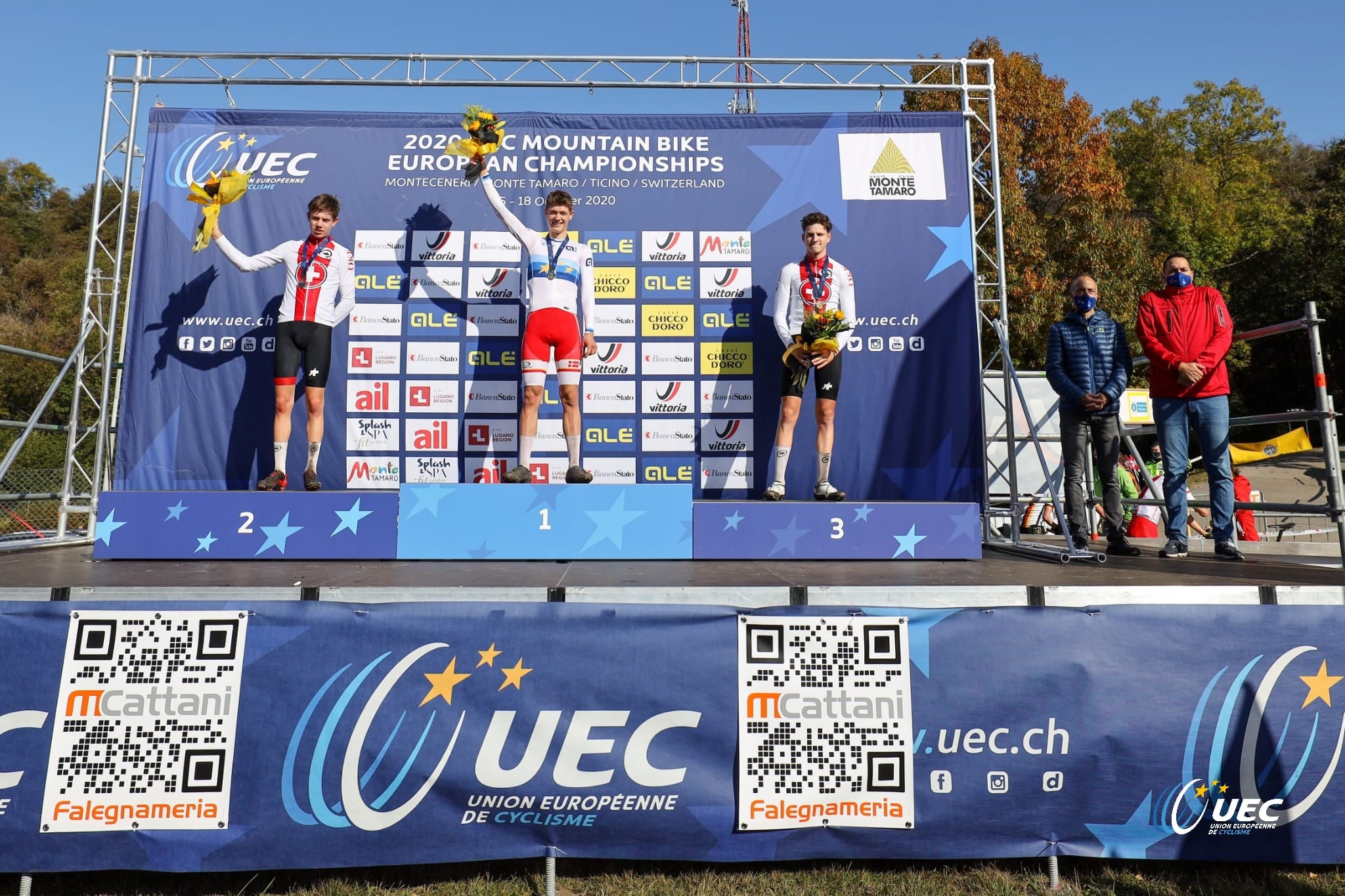Il podio del Campionato Europeo XCO Juniores 2020 (foto Michele Mondini/UEC)