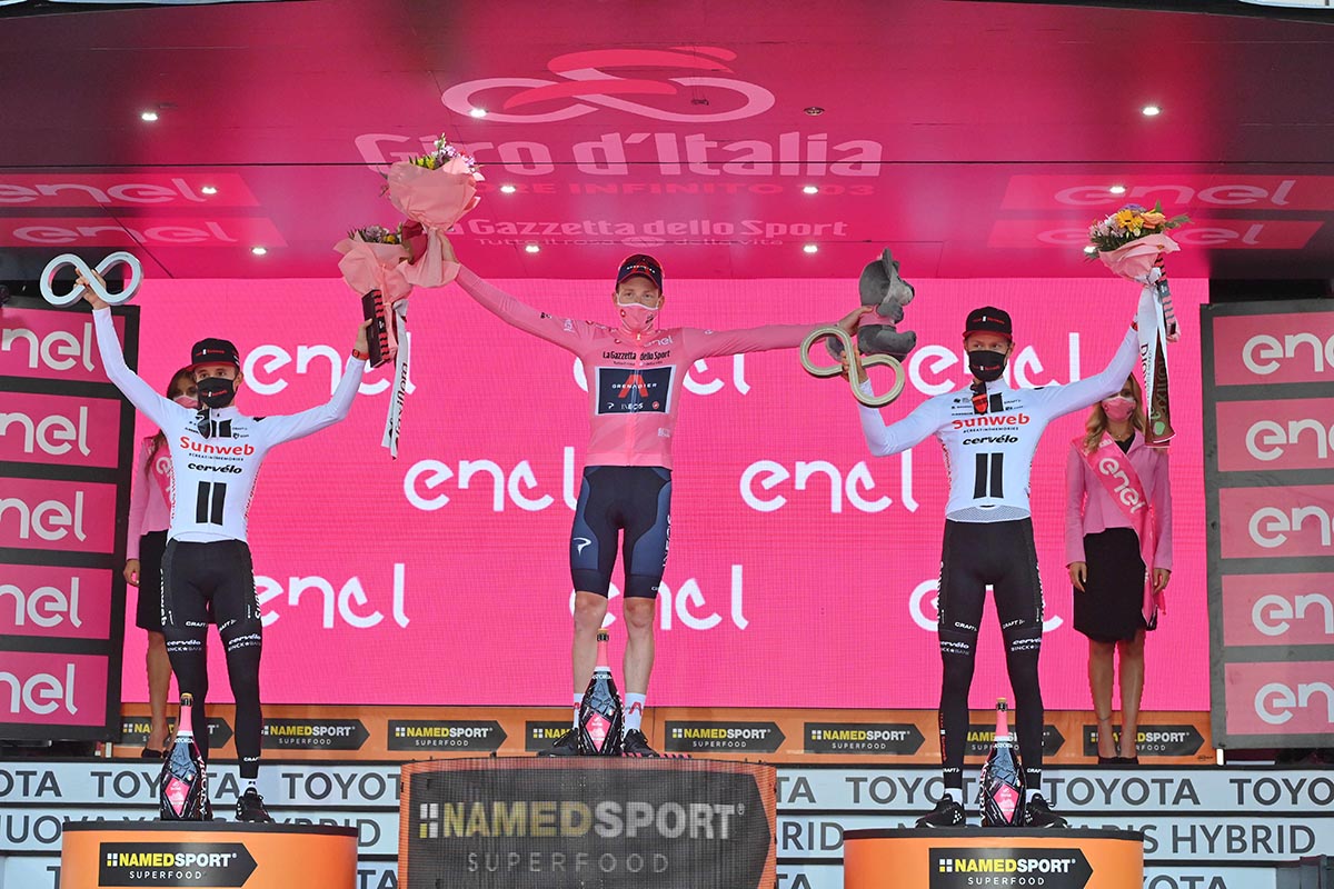 Il podio finale del Giro d'Italia 2020 (foto LaPresse)