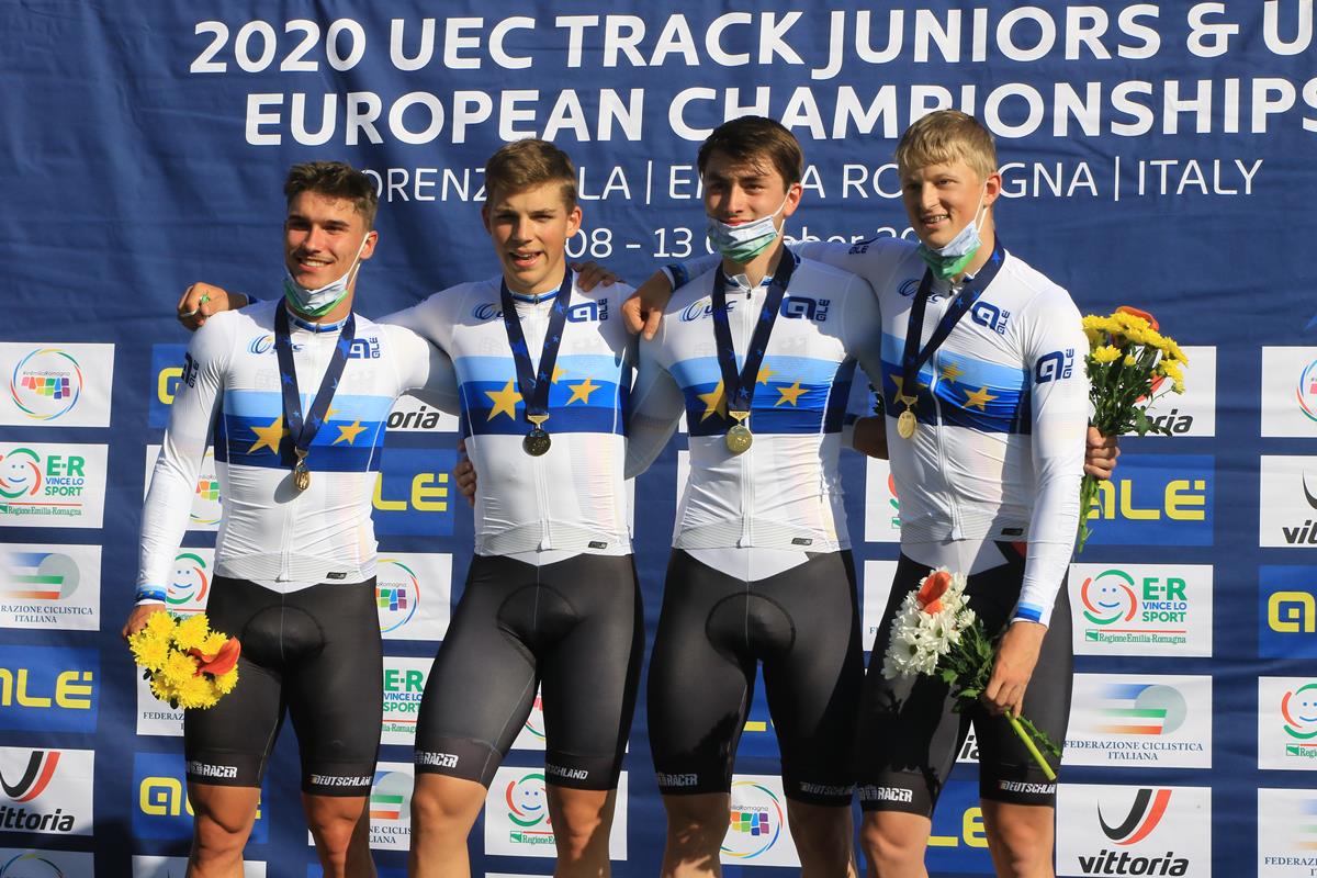 I tedeschi vincitori della Velocità a squadre Juniores all'Europeo pista (foto Fabiano Ghilardi)