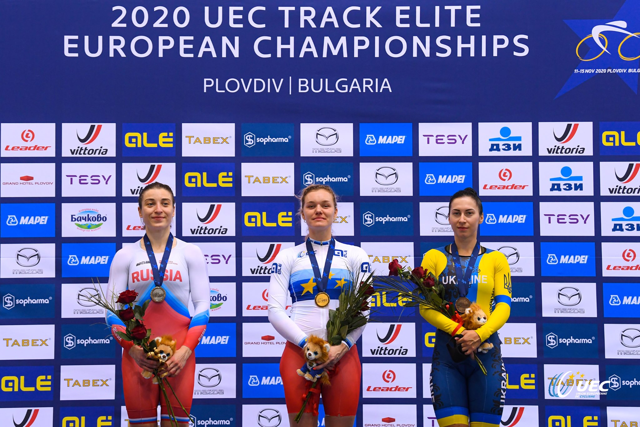 Il podio del Campionato Europeo Velocità Donne Elite (foto UEC/BettiniPhoto)