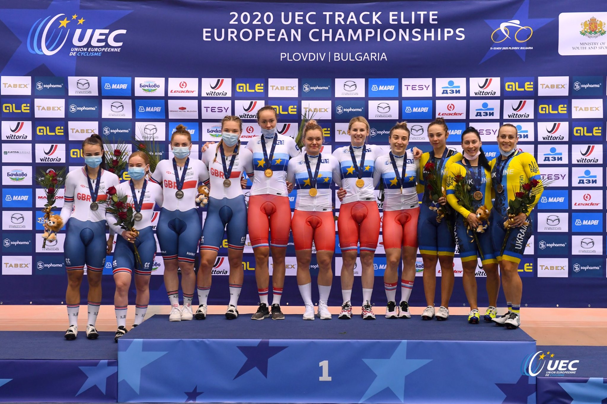 Il podio del Campionato Europeo Velocità a squadre Donne Elite 2020 (foto UEC/BettiniPhoto)