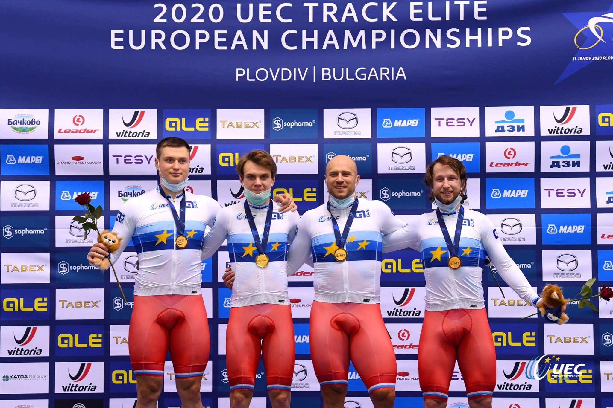 Russia sul gradino più alto del podio del Campionato Europeo Velocità a squadre Elite 2020 (foto UEC/BettiniPhoto)