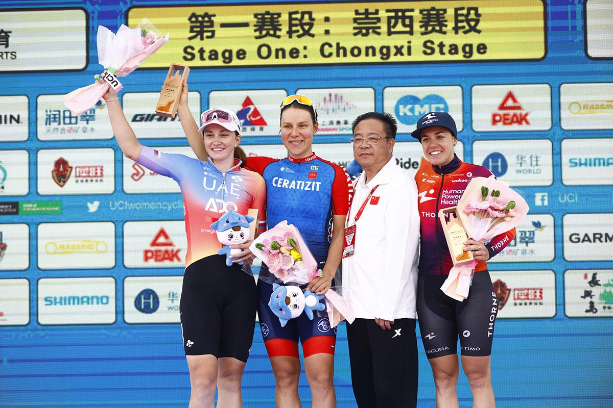 Il podio della prima tappa del Tour of Chongming Island - credit Sprint Cycling Agency